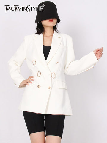 TWOTWINSTYLE Solid Minimalist Coats For Women Notched Collar Long Sleeve Double Breasted Loose Blazers Female 2023 Style