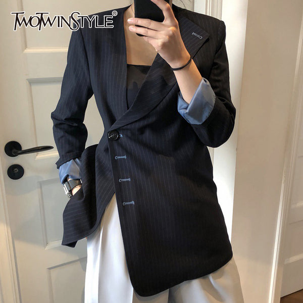 TWOTWINSTYLE Striped Asymmetrical Blazer For Women Notched Long Sleeve Casual Loose Oversized Blazers Female 2023 Autumn New