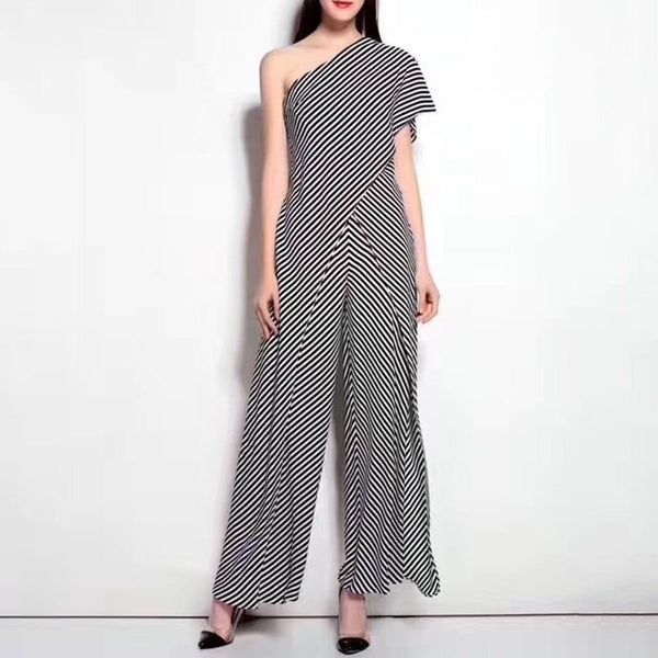 Striped Jumpsuits Female Off Shoulder Patchwork High Waist Large Size Maxi Beach Pants 2022 Summer Sexy Clothing