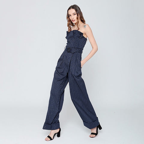 Striped Jumpsuits Female Ruffles Strapless Belt High Waist Long Wide Leg Trouser Womens Spring Fashion OL Clothing
