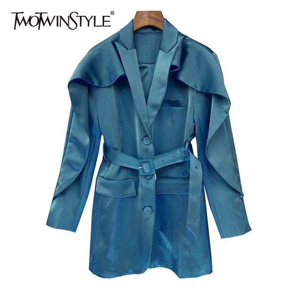 TWOTWINSTYLE Temperament Solid Blazer For Women Notched Long Sleeve Sashes Casual Blazers Female Clothing 2022