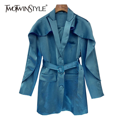 TWOTWINSTYLE Temperament Solid Blazer For Women Notched Long Sleeve Sashes Casual Blazers Female Clothing 2022