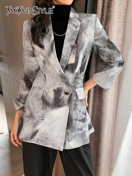 TWOTWINSTYLE Tie Dye Blazers For Women Notched Long Sleeve Patchwork Double Breasted Pocket Casual Blazer Female Autumn 2023 New