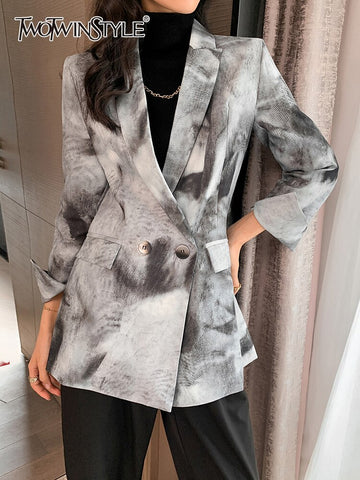 TWOTWINSTYLE Tie Dye Blazers For Women Notched Long Sleeve Patchwork Double Breasted Pocket Casual Blazer Female Autumn 2023 New