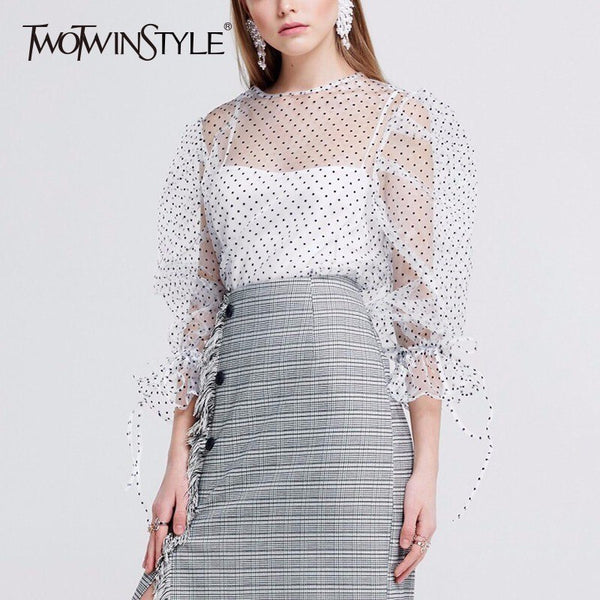 Transparent Polka Dot Blouse Shirt Female Puff Sleeve Sexy Mesh Blouse Tops Women Casual Clothes Korean 2022 Summer
