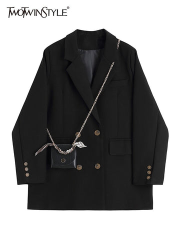 TWOTWINSTYLE Vintage Solid Blazer For Women Notched Collar Long Sleeve Double Breasted Loose Coats Female Autumn Clothing Style