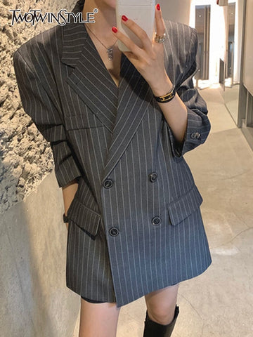 TWOTWINSTYLE Vintage Striped Blazer For Women Notched Collar Long Sleeve Double Breasted Loose Blazers Female Autumn Clothes New