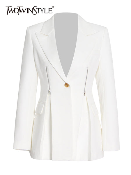 TWOTWINSTYLE White Slim Blazer For Women Notched Collar Long Sleeve Solid Minimalist Casual Blazers Female Clothing 2023
