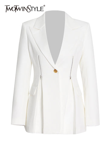 TWOTWINSTYLE White Slim Blazer For Women Notched Collar Long Sleeve Solid Minimalist Casual Blazers Female Clothing 2023