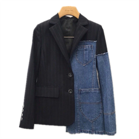 patchwork blazer women denim lapel collar plus size asymmetrical coat female spring fashion clothing