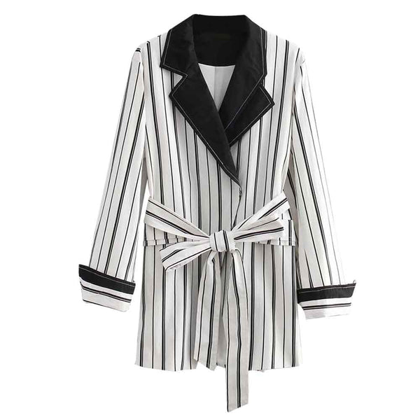 Retro Black White Vertical Stripe Bow Tied Sashes Waist Blazer Women Notched Collar Mid Long Suit Jacket Coat Outerwear