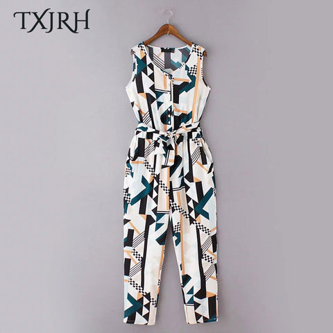 Retro Colorful Geometry Sleeveless Slim Trendy Women Overalls Elastic Waist Sashes Bow Casual Rompers Jumpsuit Bodysuit