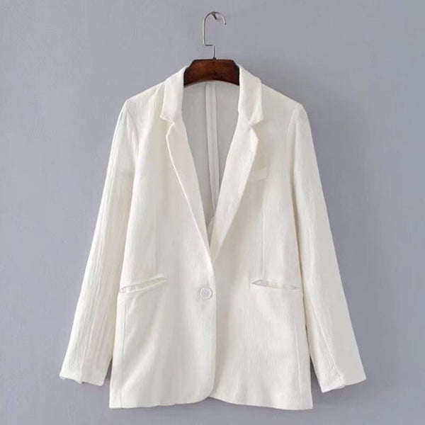 Stylish Boyfriend Notched Collar Back Slit Mid Long Wrinkle Blazer Lady White One Button Casual Suit Jacket Coat Outerwear
