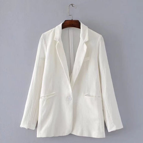 Stylish Boyfriend Notched Collar Back Slit Mid Long Wrinkle Blazer Lady White One Button Casual Suit Jacket Coat Outerwear
