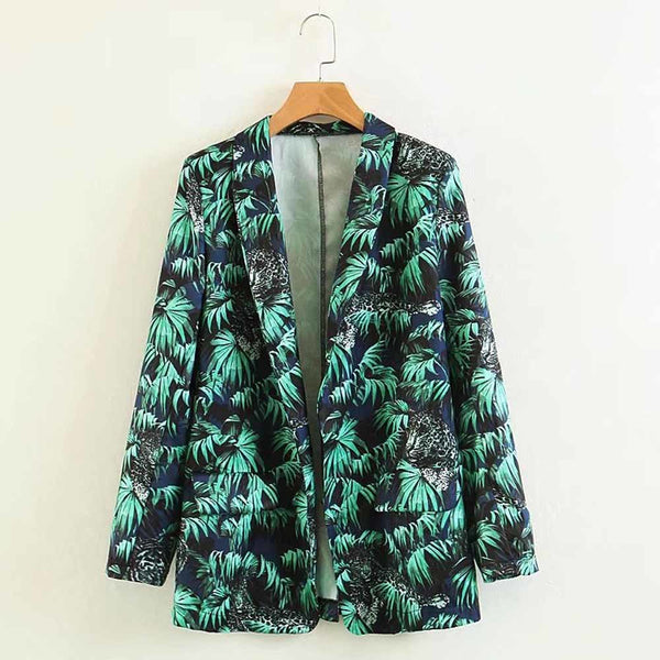 Stylish Green Leopard Leaf Plant Jungle Pattern Turn-down Collar Blazers Long Sleeve Outwear Fashion Women Tops Suit Coat