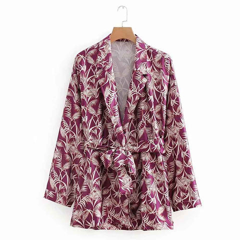 Stylish Leaves Print Notched Collar Sashes Bow Tied Mid Long Blazer Coat Long Sleeve Fashion Women Suit Outerwear Tops