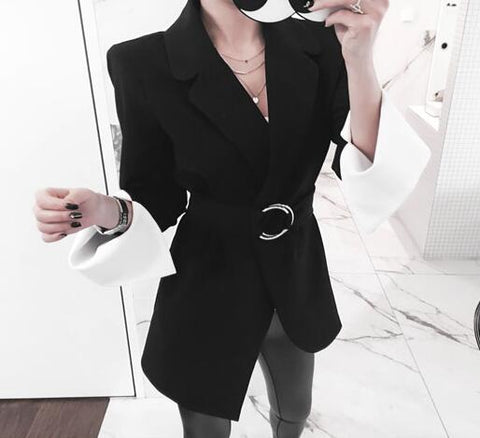 Tailored Cuff Leisure Suit Blazers Women Notched Blazer Hidden Button Irregular Patchwork Sleeve Coats Office Lady Sashes Jacket