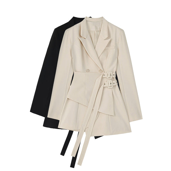 [Takes]  Women Irregular Bandage Spliced Blazer Lapel Long Sleeve Loose Fit Jacket Tide Feamle Autumn Winter 2023