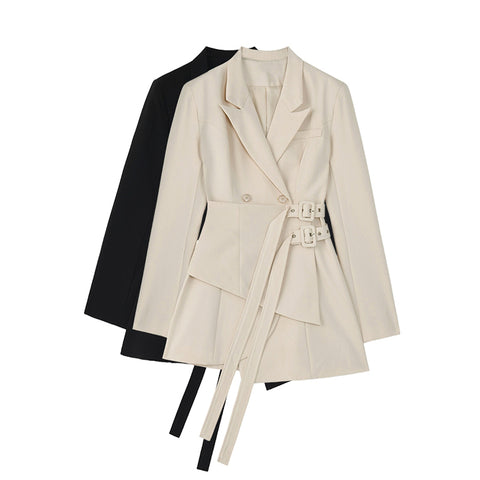 [Takes]  Women Irregular Bandage Spliced Blazer Lapel Long Sleeve Loose Fit Jacket Tide Feamle Autumn Winter 2023