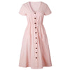 summer cotton dress women tunic v neck short sleeve pink midi dresses pocket casual vestidos female AON04