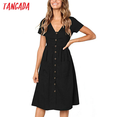 summer cotton dress women tunic v neck short sleeve pink midi dresses pocket casual vestidos female AON04