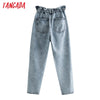 Tangada 2022 women loose harm jeans pants long trousers strethy waist pockets buttons female denim pants 4M61