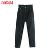 Tangada 2022 women loose harm jeans pants long trousers strethy waist pockets buttons female denim pants 4M61