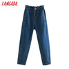 Tangada 2022 women loose harm jeans pants long trousers strethy waist pockets buttons female denim pants 4M61