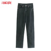 Tangada 2022 Women Black Jeans Pants Long Trousers High Waist Pockets Buttons Female Pants JE162