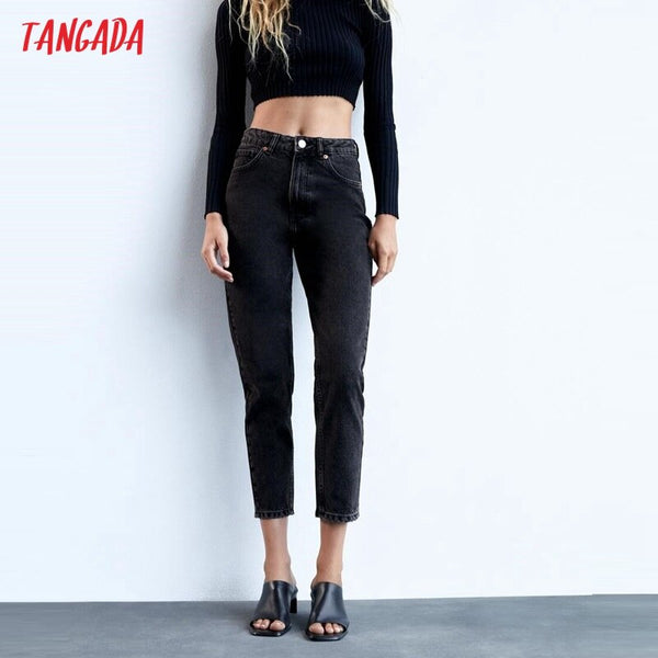 Tangada 2022 Women Black Jeans Pants Long Trousers High Waist Pockets Buttons Female Pants JE162