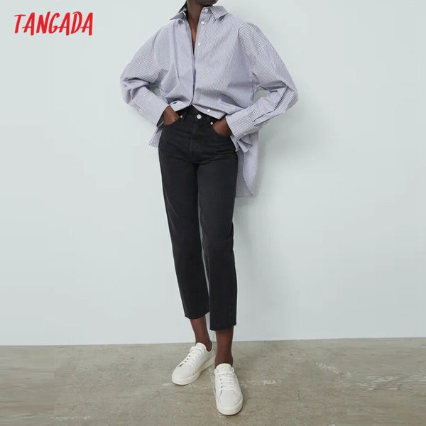 Tangada 2022 Women Black Straight Loose Jeans Pants Long Trousers Waist Pockets Female Denim Pants JE163