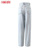 Tangada 2022 Women Loose Jeans Pants Plus Long Trousers High Waist Pockets Buttons Female Pants 3T08