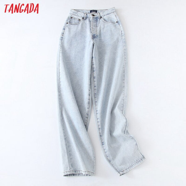 Tangada 2022 Women Loose Jeans Pants Plus Long Trousers High Waist Pockets Buttons Female Pants 3T08