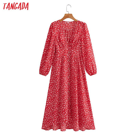 Tangada 2022  Women Red Flowers Print A-line Dress Vintage Long Sleeve Office Ladies Midi Dress 8Y67