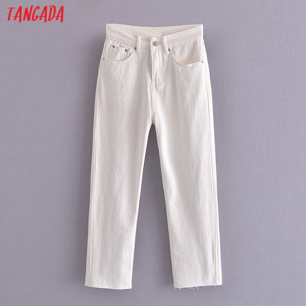 Tangada 2022 Women White High Street Jeans Pants Long Trousers Pockets Buttons Female Pants SW14