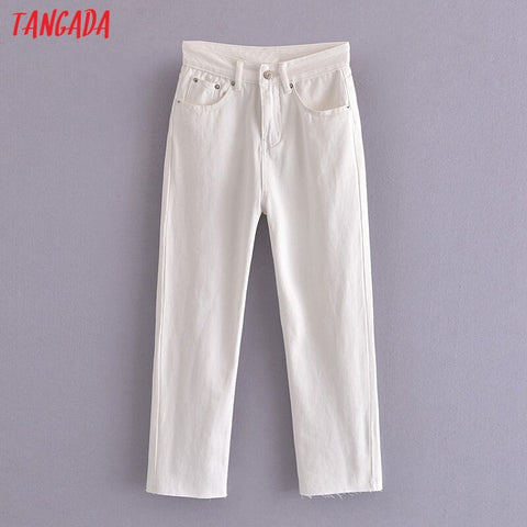 Tangada 2022 Women White High Street Jeans Pants Long Trousers Pockets Buttons Female Pants SW14
