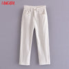 Tangada 2022 Women White High Street Jeans Pants Long Trousers Pockets Buttons Female Pants SW14