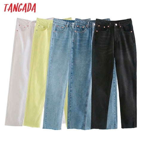 Tangada 2022 Summer Women Yellow White Jeans Pants Long Trousers 5 Color Pockets Buttons Female Pants 4M01