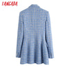 Tangada 2022 Women Double Breasted Tweed Blue Blazers Coat Office Lady Long Sleeve Pockets Female Outerwear BE508