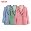 Tangada 2022 Women Double Breasted Tweed Blue Blazers Coat Office Lady Long Sleeve Pockets Female Outerwear BE508