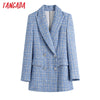 Tangada 2022 Women Double Breasted Tweed Blue Blazers Coat Office Lady Long Sleeve Pockets Female Outerwear BE508