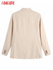 Tangada 2023 Women Solid Double Breasted Linen Blazer Coat Vintage Long Sleeve Flap Pockets Female Outerwear BE653