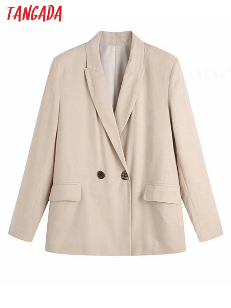 Tangada 2023 Women Solid Double Breasted Linen Blazer Coat Vintage Long Sleeve Flap Pockets Female Outerwear BE653