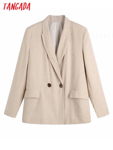 Tangada 2023 Women Solid Double Breasted Linen Blazer Coat Vintage Long Sleeve Flap Pockets Female Outerwear BE653