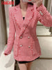 Tangada 2023 Women Vintage Red Tweed Blazer Female Long Sleeve Elegant Jacket Office Ladies 3H320