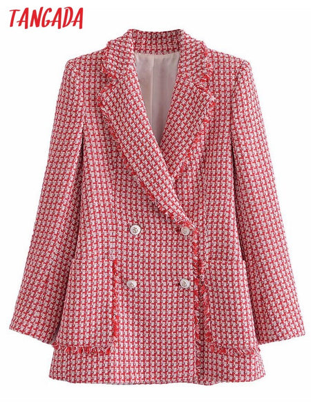 Tangada 2023 Women Vintage Red Tweed Blazer Female Long Sleeve Elegant Jacket Office Ladies 3H320