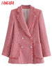 Tangada 2023 Women Vintage Red Tweed Blazer Female Long Sleeve Elegant Jacket Office Ladies 3H320