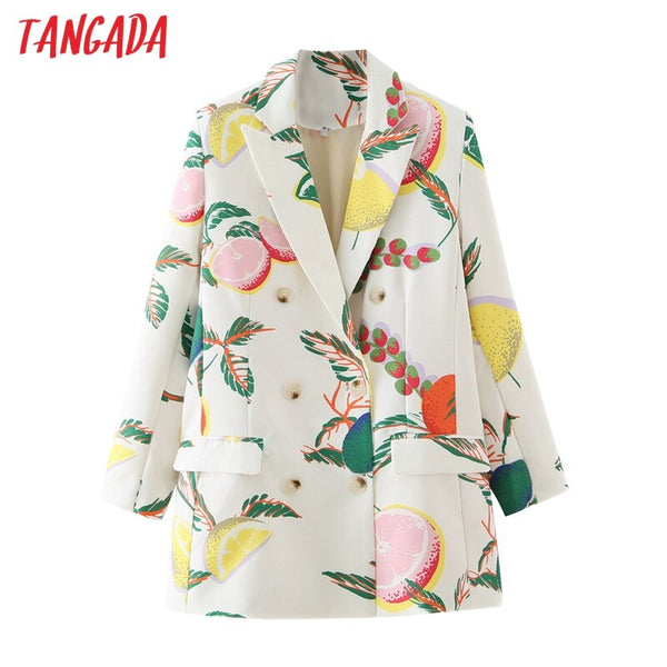 Tangada Women 2023 Fruit Print Blazer Coat Vintage Double Breasted Long Sleeve Female Outerwear Chic Tops DA139