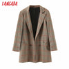 Tangada Women 2022 Vintage Plaid Pattern Blazer Coat Vintage Double Breasted Long Sleeve Female Outerwear Chic Tops 3Z13
