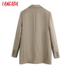 Tangada Women 2022 Double Breasted Khaki Blazer Coat Vintage Long Sleeve Pockets Casual Outerwear Chic Veste BE385